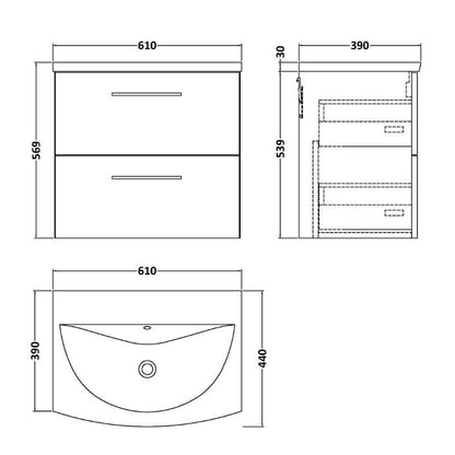 Nuie Arno Wall Hung 2 Drawer Vanity & Basin 4 (1 size, 9 colours) - Brand New Bathrooms