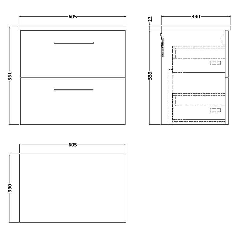 Nuie Arno 600mm Wall Hung 2-Drawer Vanity & Laminate Top (1 size, 4 colours) - Brand New Bathrooms