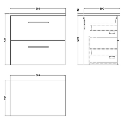 Nuie Arno 600mm Wall Hung 2-Drawer Vanity & Laminate Top (1 size, 4 colours) - Brand New Bathrooms