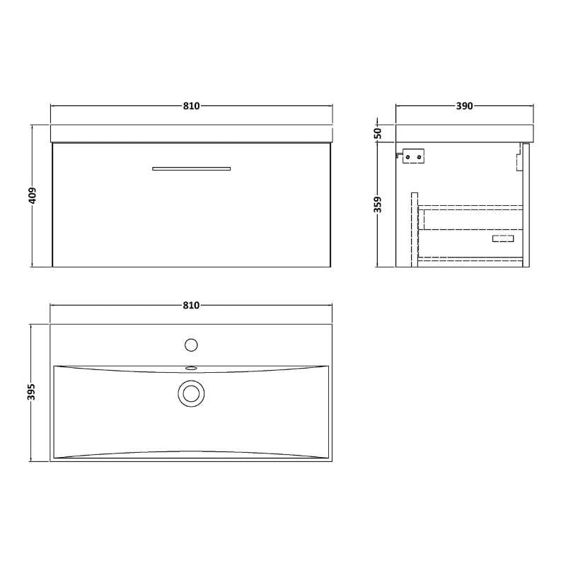 Nuie Arno Wall Hung 1 Drawer Vanity & Basin 3 (1 size, 9 colours) - Brand New Bathrooms