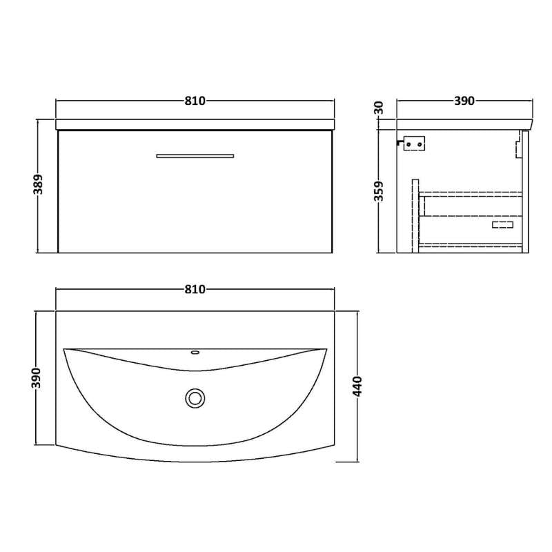 Nuie Arno Wall Hung 1 Drawer Vanity & Basin 4 (1 size, 9 colours) - Brand New Bathrooms