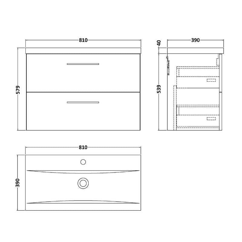 Nuie Arno Wall Hung 2 Drawer Vanity & Basin 1 (1 size, 9 colours) - Brand New Bathrooms