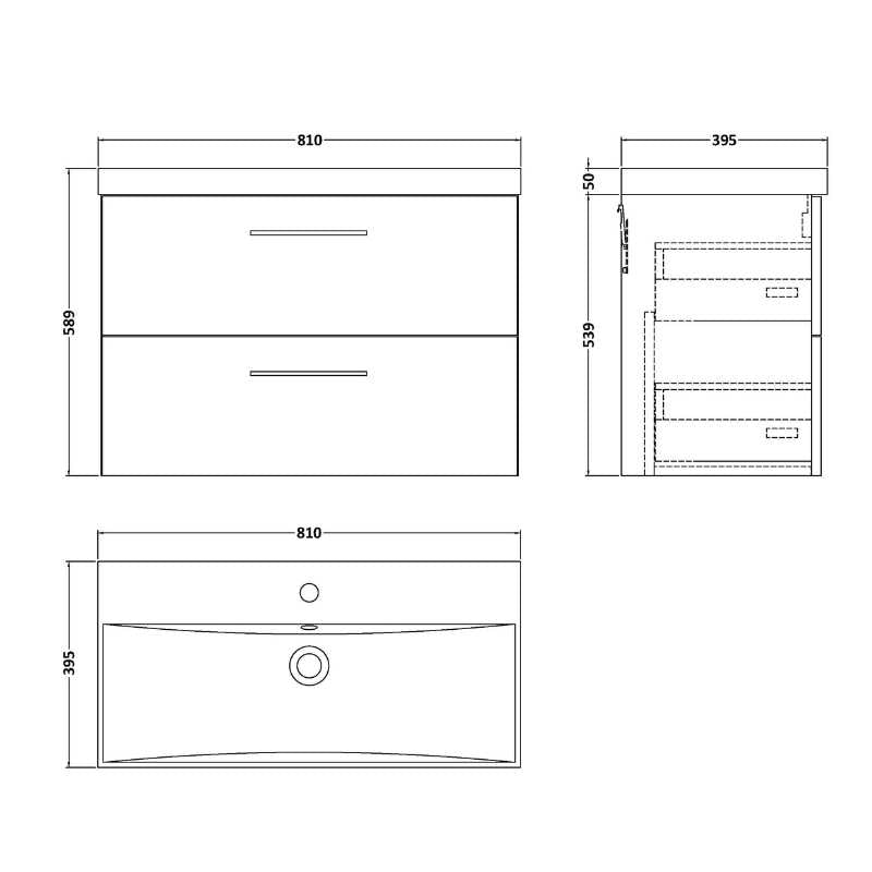 Nuie Arno Wall Hung 2 Drawer Vanity & Basin 3 (1 size, 9 colours) - Brand New Bathrooms