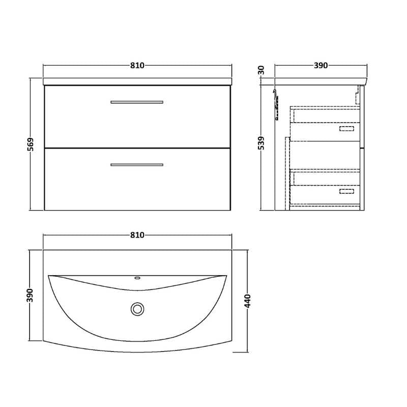 Nuie Arno Wall Hung 2 Drawer Vanity & Basin 4 (1 size, 9 colours) - Brand New Bathrooms