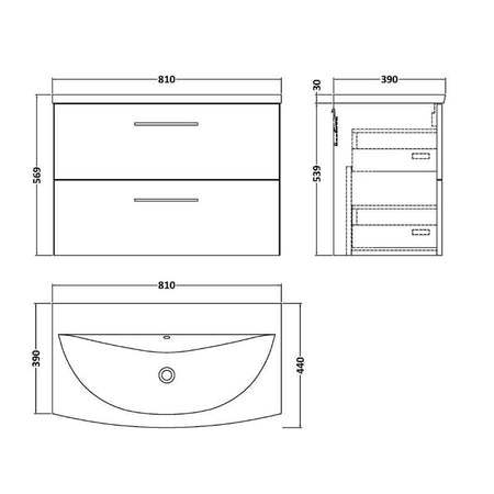 Nuie Arno Wall Hung 2 Drawer Vanity & Basin 4 (1 size, 9 colours) - Brand New Bathrooms