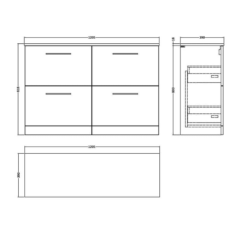 Nuie Arno Floor Standing 4 Drawer Vanity & Worktop (1 size, 9 colours) - Brand New Bathrooms