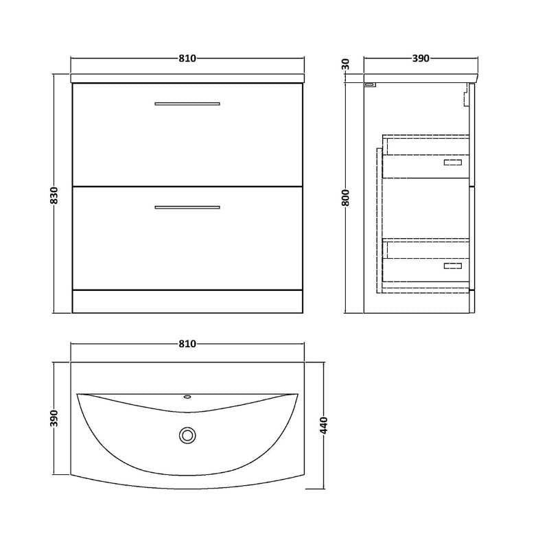 Nuie Arno Floor Standing 2 Drawer Vanity & Basin 4 (1 size, 9 colours) - Brand New Bathrooms