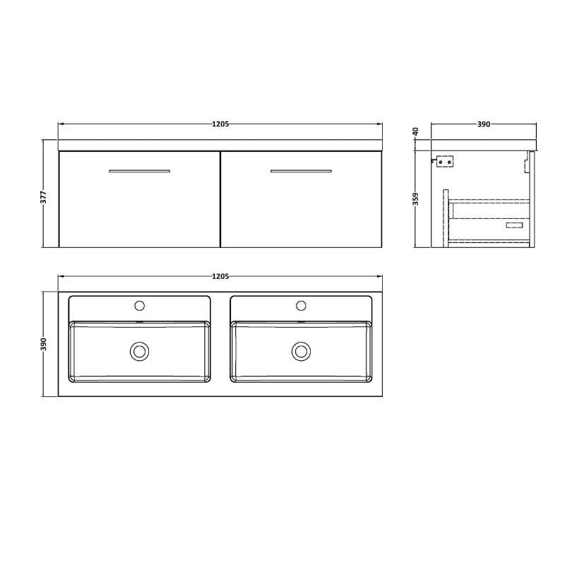Nuie Arno Wall Hung 2 Drawer Vanity & Double Basin (1 size, 9 colours) - Brand New Bathrooms