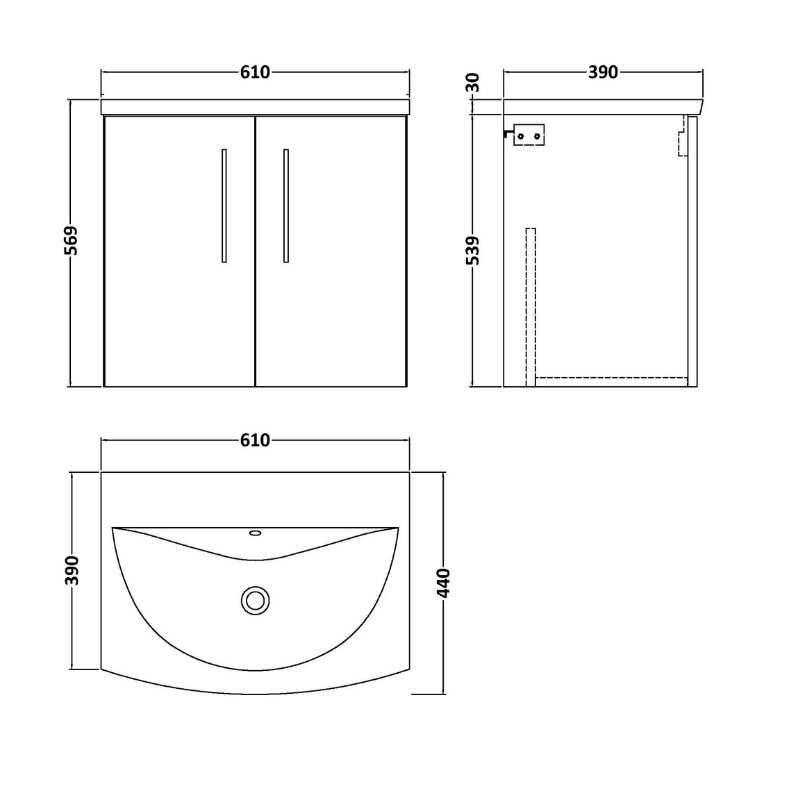 Nuie Arno Wall Hung 2-Door Vanity & Curved Basin (1 size, 8 colours) - Brand New Bathrooms