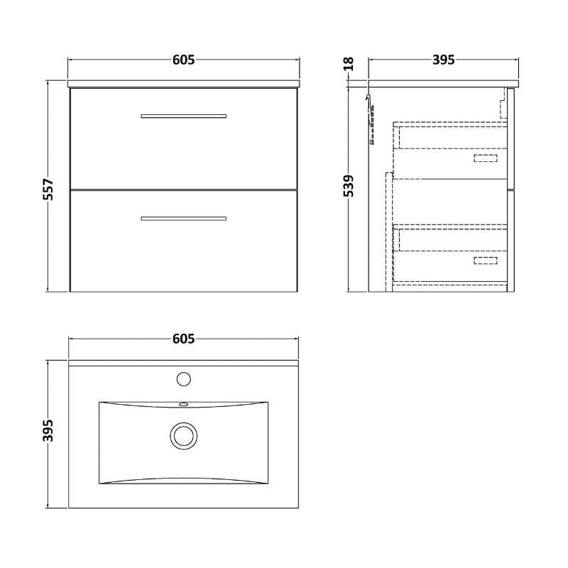 Nuie Arno Wall Hung 2 Drawer Vanity & Basin 2 (1 size, 9 colours) - Brand New Bathrooms