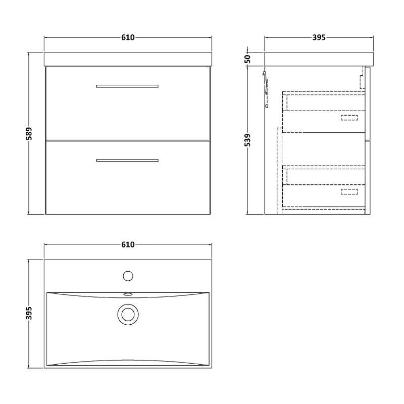 Nuie Arno Wall Hung 2 Drawer Vanity & Basin 3 (1 size, 9 colours) - Brand New Bathrooms