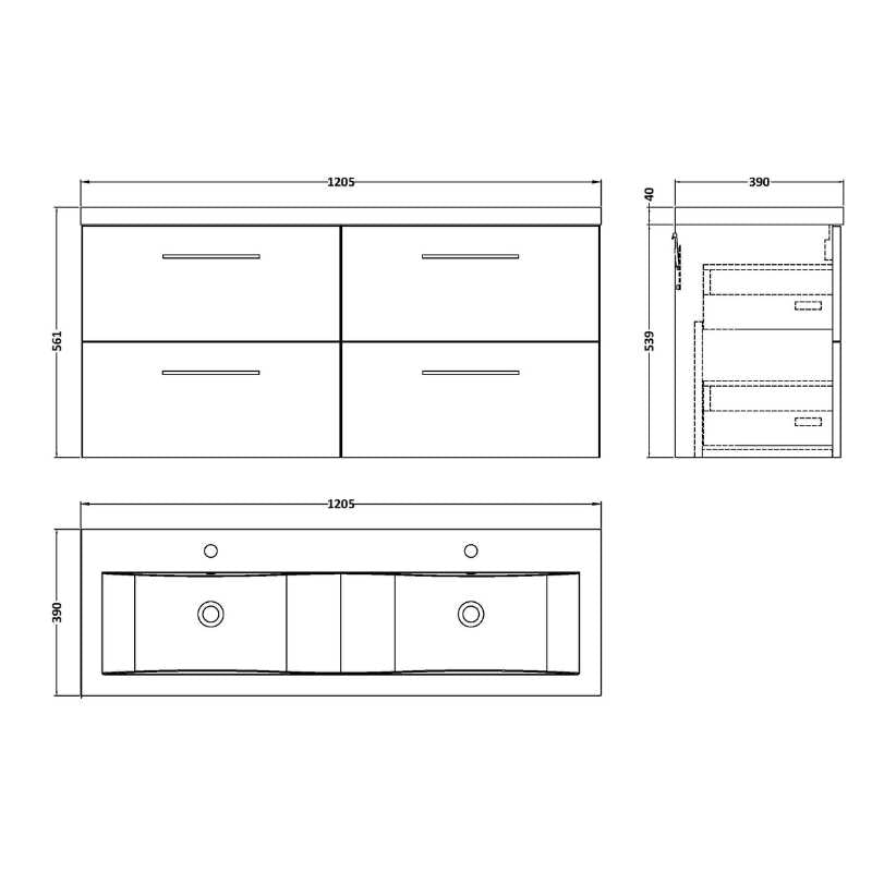 Nuie Arno Wall Hung 4 Drawer Vanity & Double Basin (1 size, 9 colours) - Brand New Bathrooms