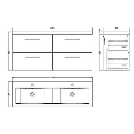 Nuie Arno Wall Hung 4 Drawer Vanity & Double Basin (1 size, 9 colours) - Brand New Bathrooms