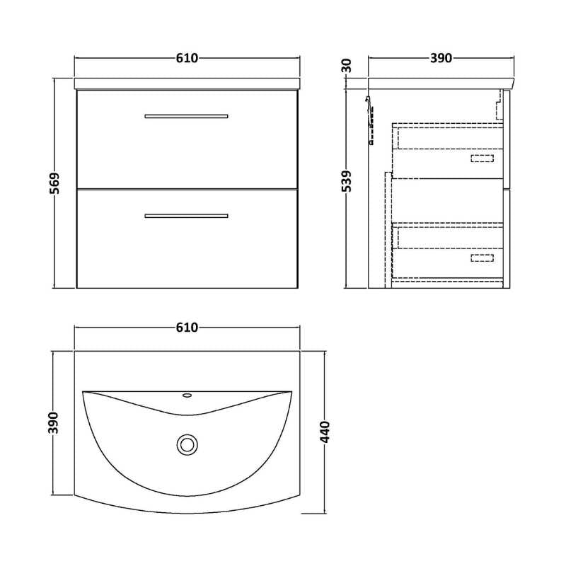 Nuie Arno Wall Hung 2 Drawer Vanity & Basin 4 (1 size, 9 colours) - Brand New Bathrooms