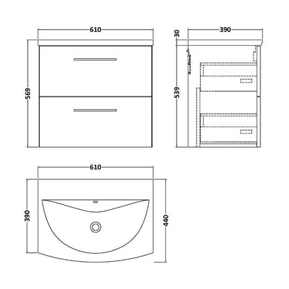 Nuie Arno Wall Hung 2 Drawer Vanity & Basin 4 (1 size, 9 colours) - Brand New Bathrooms