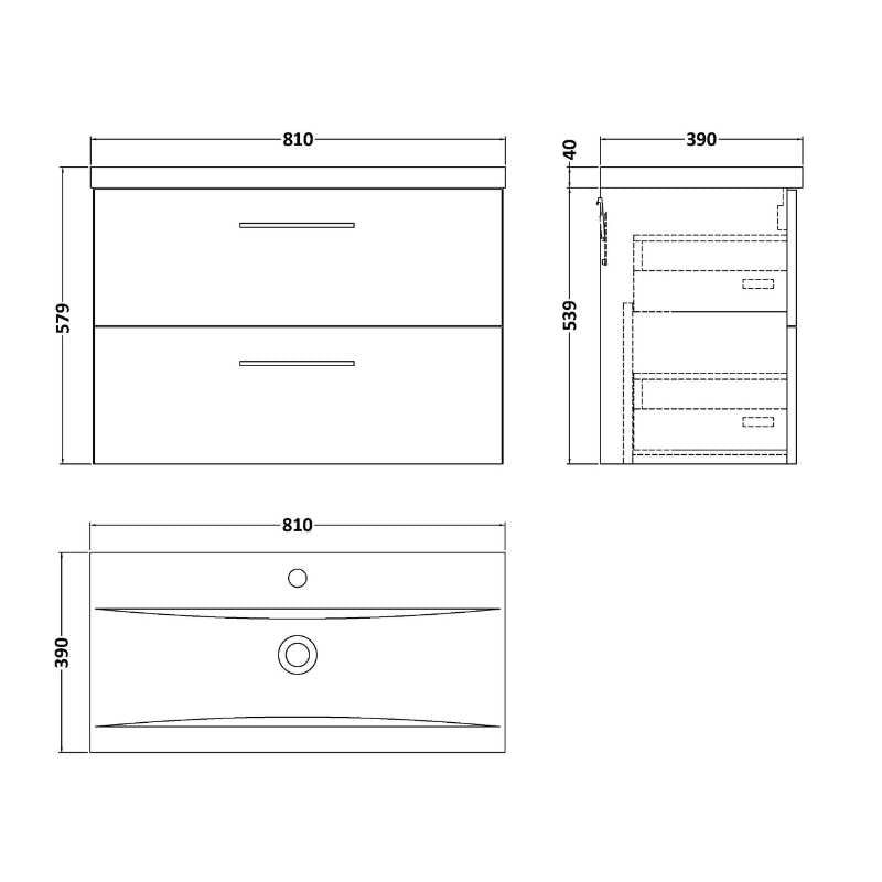 Nuie Arno Wall Hung 2 Drawer Vanity & Basin 1 (1 size, 9 colours) - Brand New Bathrooms