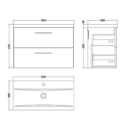 Nuie Arno Wall Hung 2 Drawer Vanity & Basin 1 (1 size, 9 colours) - Brand New Bathrooms