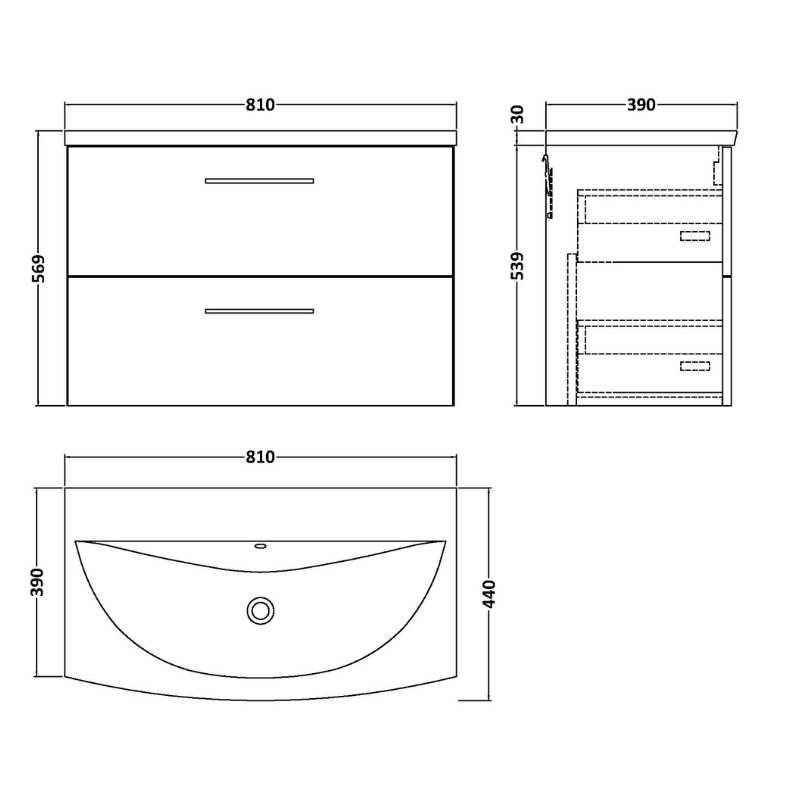 Nuie Arno Wall Hung 2 Drawer Vanity & Basin 4 (1 size, 9 colours) - Brand New Bathrooms