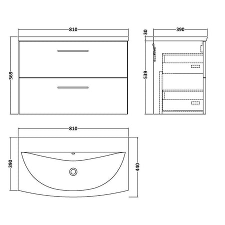 Nuie Arno Wall Hung 2 Drawer Vanity & Basin 4 (1 size, 9 colours) - Brand New Bathrooms