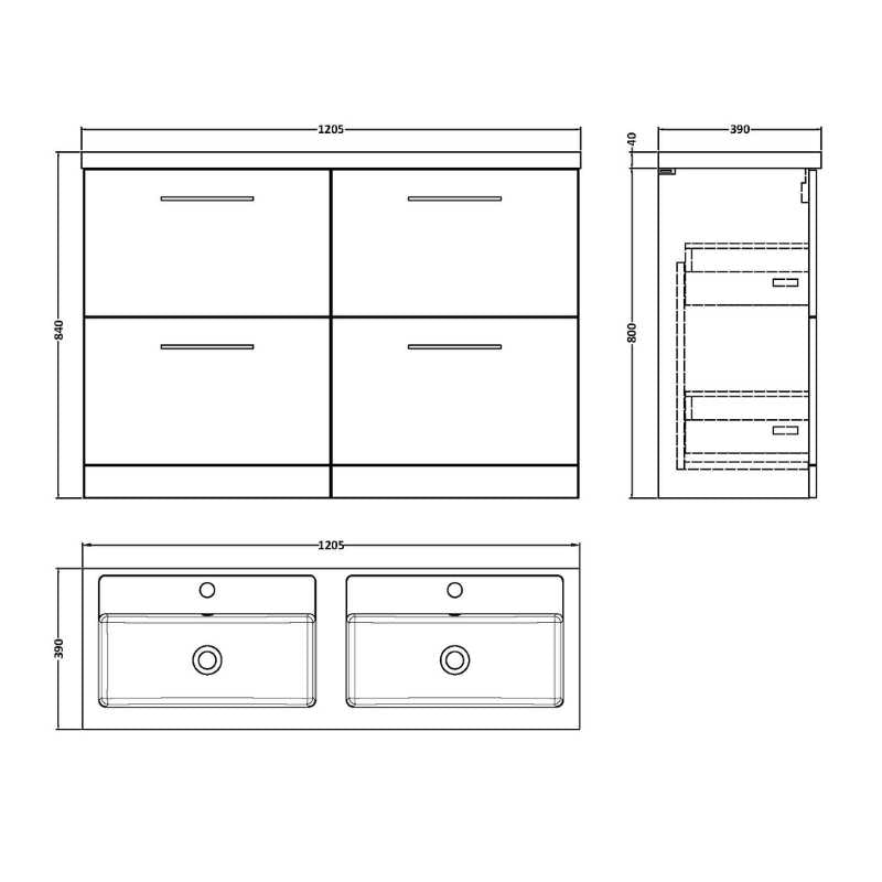 Nuie Arno Floor Standing 4 Drawer Vanity & Double Basin 1 (1 size, 9 colours) - Brand New Bathrooms