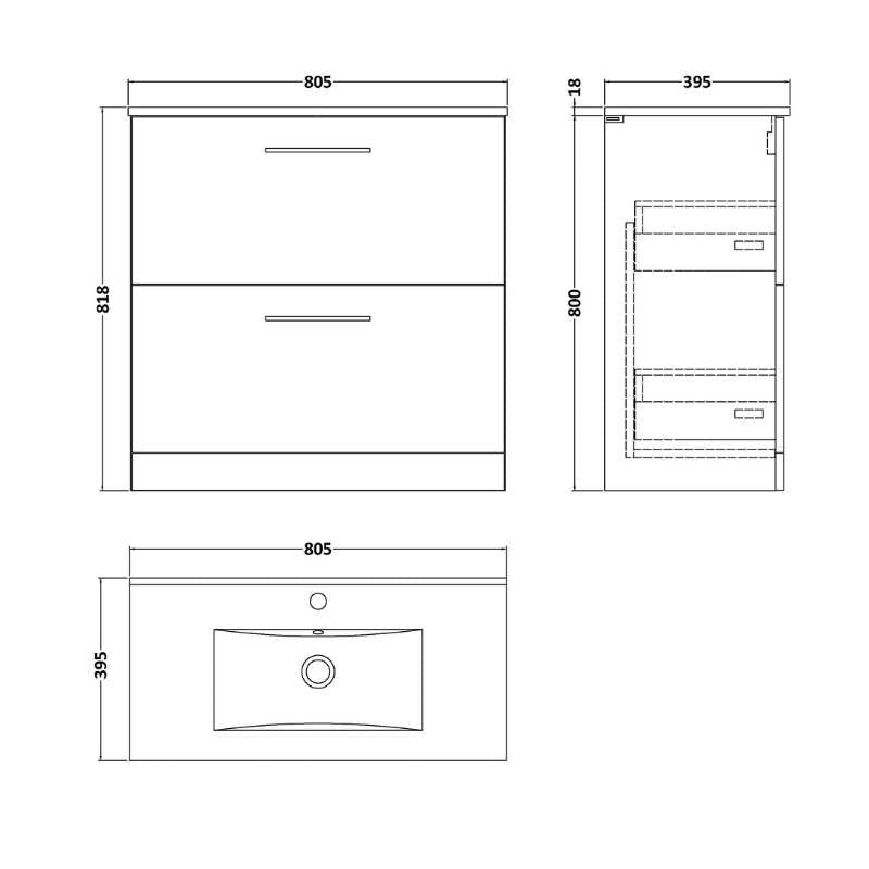 Nuie Arno Floor Standing 2 Drawer Vanity & Basin 2 (1 size, 8 colours) - Brand New Bathrooms