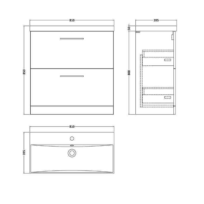Nuie Arno Floor Standing 2 Drawer Vanity & Basin 3 (1 size, 9 colours) - Brand New Bathrooms