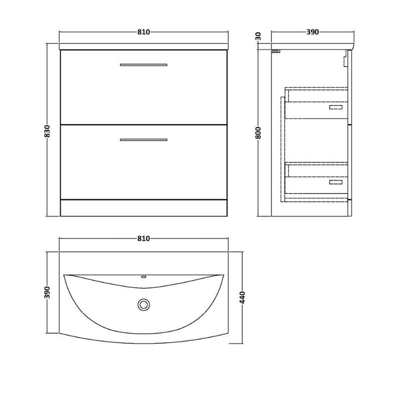 Nuie Arno Floor Standing 2 Drawer Vanity & Basin 4 (1 size, 9 colours) - Brand New Bathrooms