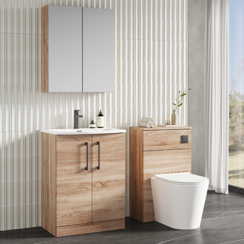 Nuie Arno 600mm Floor Standing 2-Door Vanity & Basin 4 (1 size, Bleached Oak) - Brand New Bathrooms
