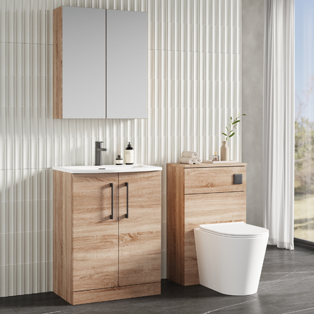Nuie Arno 600mm Floor Standing 2-Door Vanity & Basin 4 (1 size, Bleached Oak) - Brand New Bathrooms