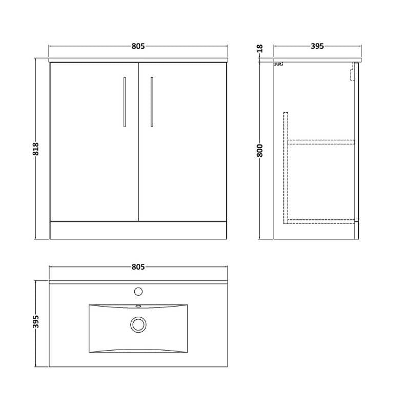 Nuie Arno Floor Standing 2-Door Vanity & Minimalist Basin (1 size, 9 colours) - Brand New Bathrooms