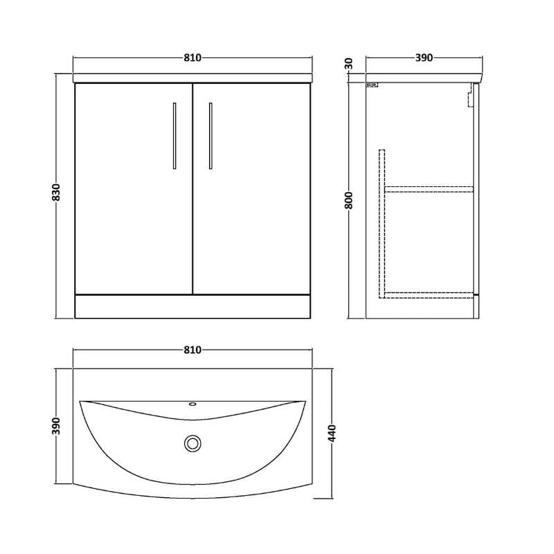 Nuie Arno Floor Standing 2-Door Vanity & Curved Basin (1 size, 9 colours) - Brand New Bathrooms