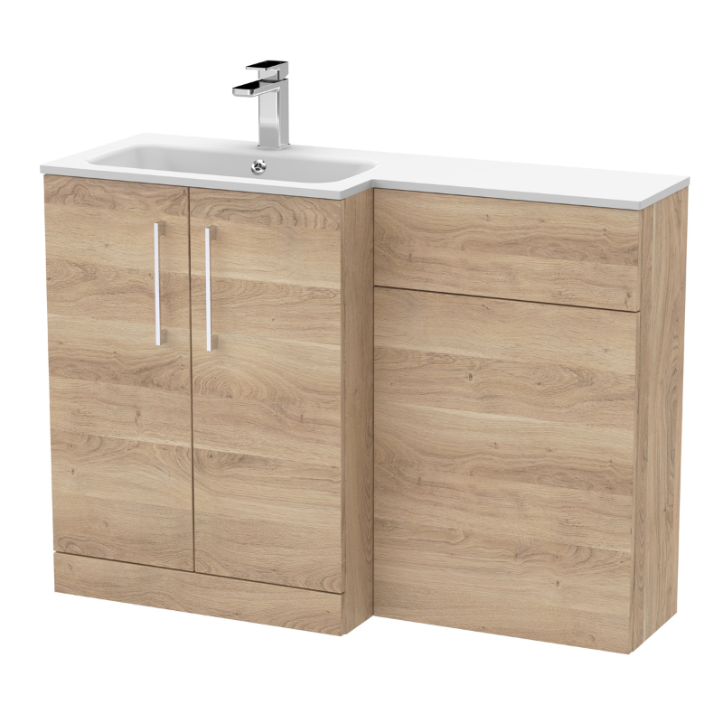 Nuie Arno Floor Standing 1100mm Left Hand Combination Vanity Unit (1 size, 2 style, Bleached Oak) - Brand New Bathrooms