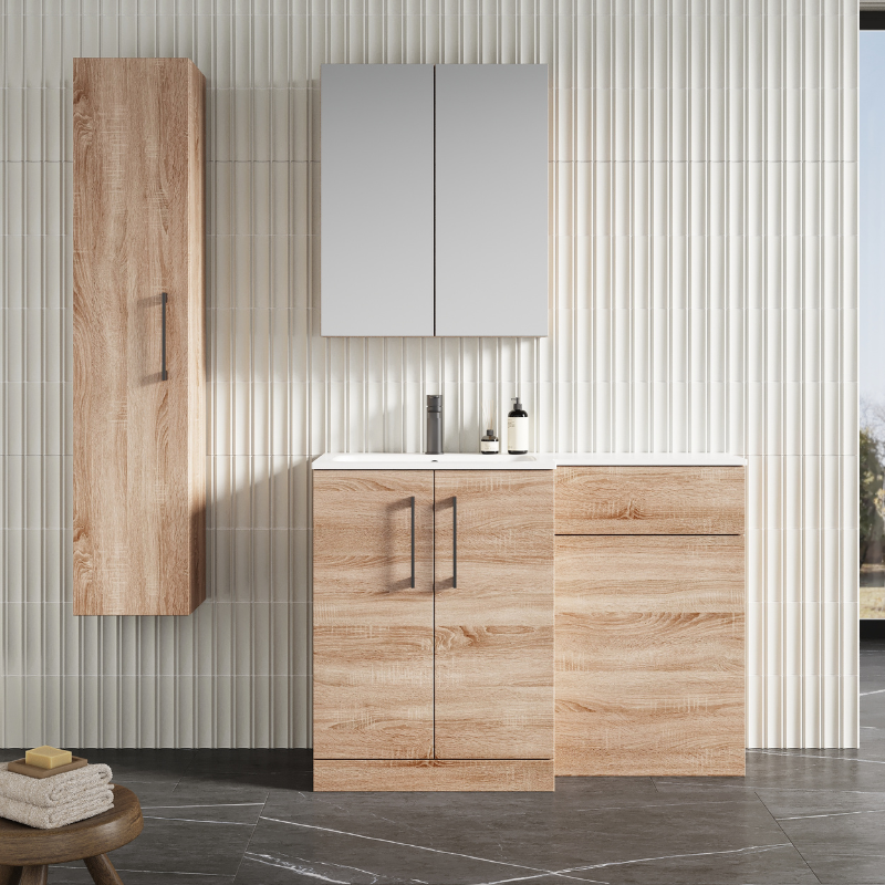 Nuie Arno Floor Standing 1100mm Left Hand Combination Vanity Unit (1 size, 2 style, Bleached Oak) - Brand New Bathrooms