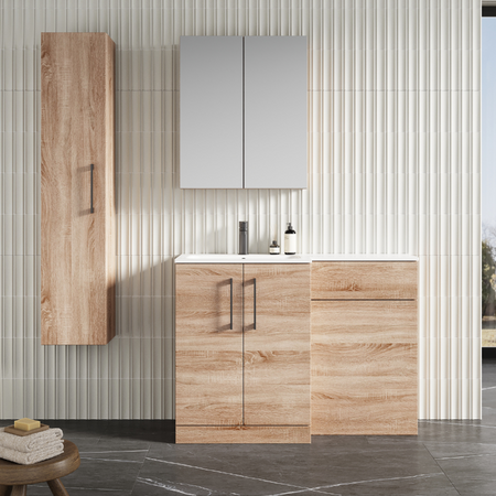 Nuie Arno Floor Standing 1100mm Left Hand Combination Vanity Unit (1 size, 2 style, Bleached Oak) - Brand New Bathrooms