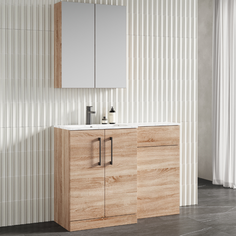 Nuie Arno Floor Standing 1100mm Left Hand Combination Vanity Unit (1 size, 2 style, Bleached Oak) - Brand New Bathrooms