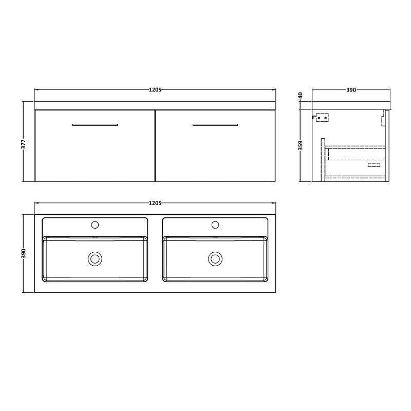 Nuie Arno Wall Hung 2 Drawer Vanity & Double Basin (1 size, 9 colours) - Brand New Bathrooms