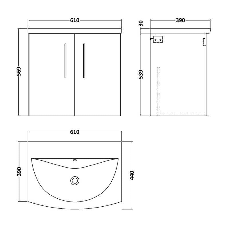 Nuie Arno Wall Hung 2-Door Vanity & Curved Basin (1 size, 8 colours) - Brand New Bathrooms