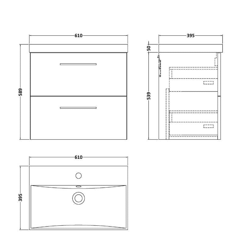 Nuie Arno Wall Hung 2 Drawer Vanity & Basin 3 (1 size, 9 colours) - Brand New Bathrooms