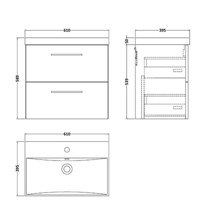 Nuie Arno Wall Hung 2 Drawer Vanity & Basin 3 (1 size, 9 colours) - Brand New Bathrooms