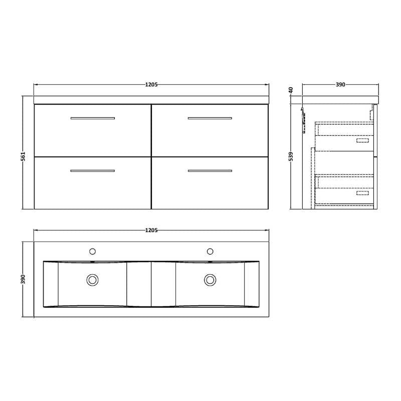 Nuie Arno Wall Hung 4 Drawer Vanity & Double Basin (1 size, 9 colours) - Brand New Bathrooms