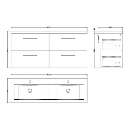 Nuie Arno Wall Hung 4 Drawer Vanity & Double Basin (1 size, 9 colours) - Brand New Bathrooms