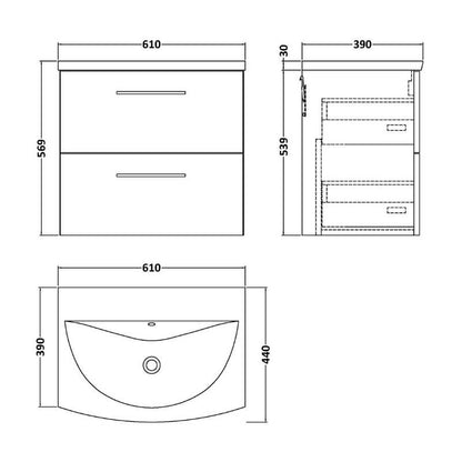 Nuie Arno Wall Hung 2 Drawer Vanity & Basin 4 (1 size, 9 colours) - Brand New Bathrooms