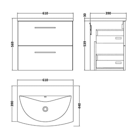 Nuie Arno Wall Hung 2 Drawer Vanity & Basin 4 (1 size, 9 colours) - Brand New Bathrooms