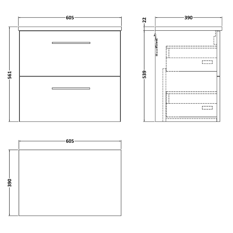 Nuie Arno 600mm Wall Hung 2-Drawer Vanity & Laminate Worktop (1 size, 4 colours) - Brand New Bathrooms