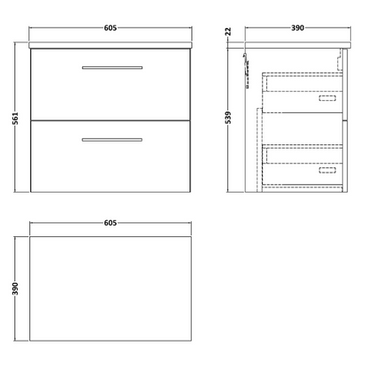 Nuie Arno 600mm Wall Hung 2-Drawer Vanity & Laminate Worktop (1 size, 4 colours) - Brand New Bathrooms