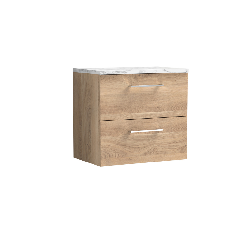 Nuie Arno 600mm Wall Hung 2-Drawer Vanity & Laminate Worktop (1 size, 4 colours) - Brand New Bathrooms