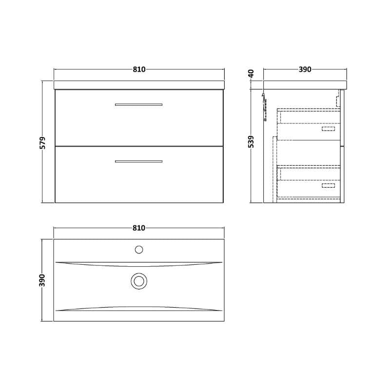 Nuie Arno Wall Hung 2 Drawer Vanity & Basin 1 (1 size, 9 colours) - Brand New Bathrooms