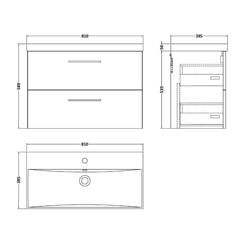 Nuie Arno Wall Hung 2 Drawer Vanity & Basin 3 (1 size, 9 colours) - Brand New Bathrooms