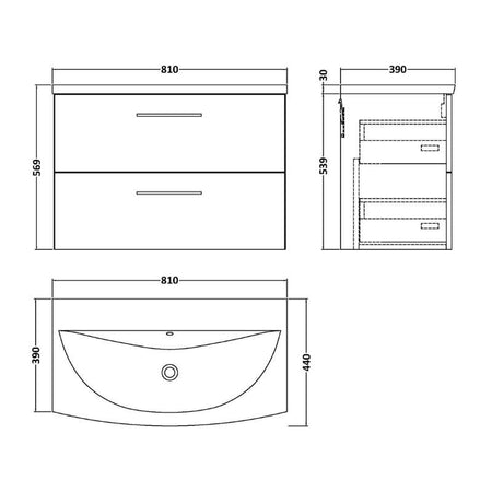 Nuie Arno Wall Hung 2 Drawer Vanity & Basin 4 (1 size, 9 colours) - Brand New Bathrooms