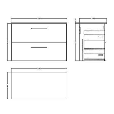 Nuie Arno Wall Hung 2 Drawer Vanity & Worktop (1 size, 9 colours) - Brand New Bathrooms